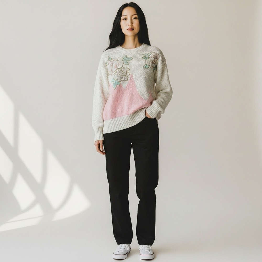 Vintage 80's Statament Sweater M White Pink Floral Applique Grandma Core Kitschy